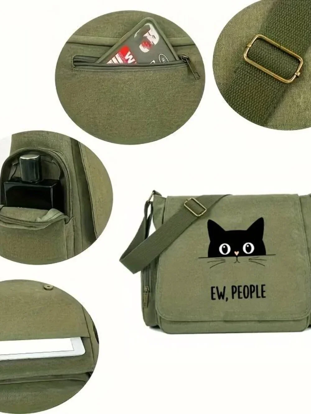 Green Black Cat Messenger Bag Crossbody Shoulder Bag Multi Pocket